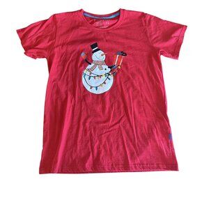 Red Snowman Graphic T-Shirt (SEE PHOTOS) Cotton/Polyester Blend Christmas Top